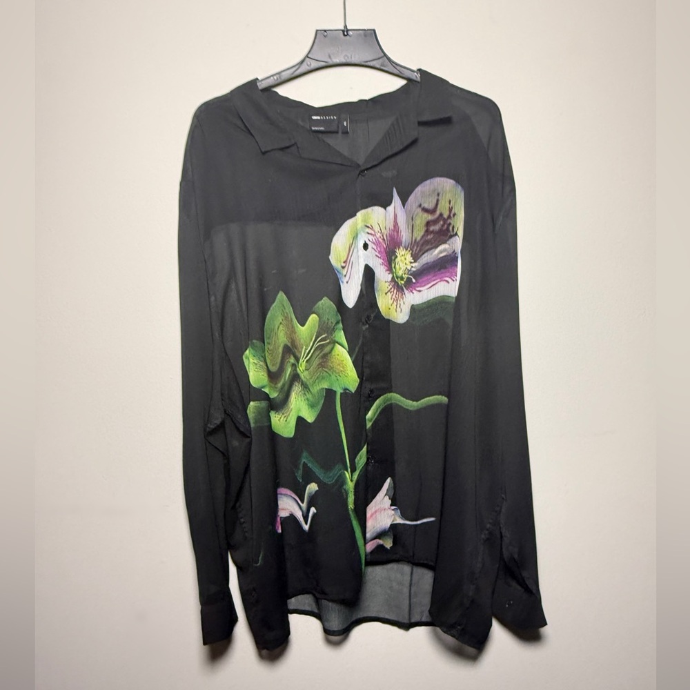 ASOS DESIGN Relaxed Camp Collar Sheer Shirt w/ Floral Placement Print Black 4XL